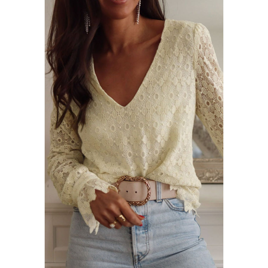 Lace Detail V-Neck Long Sleeve Blouse Cream / S Apparel and Accessories