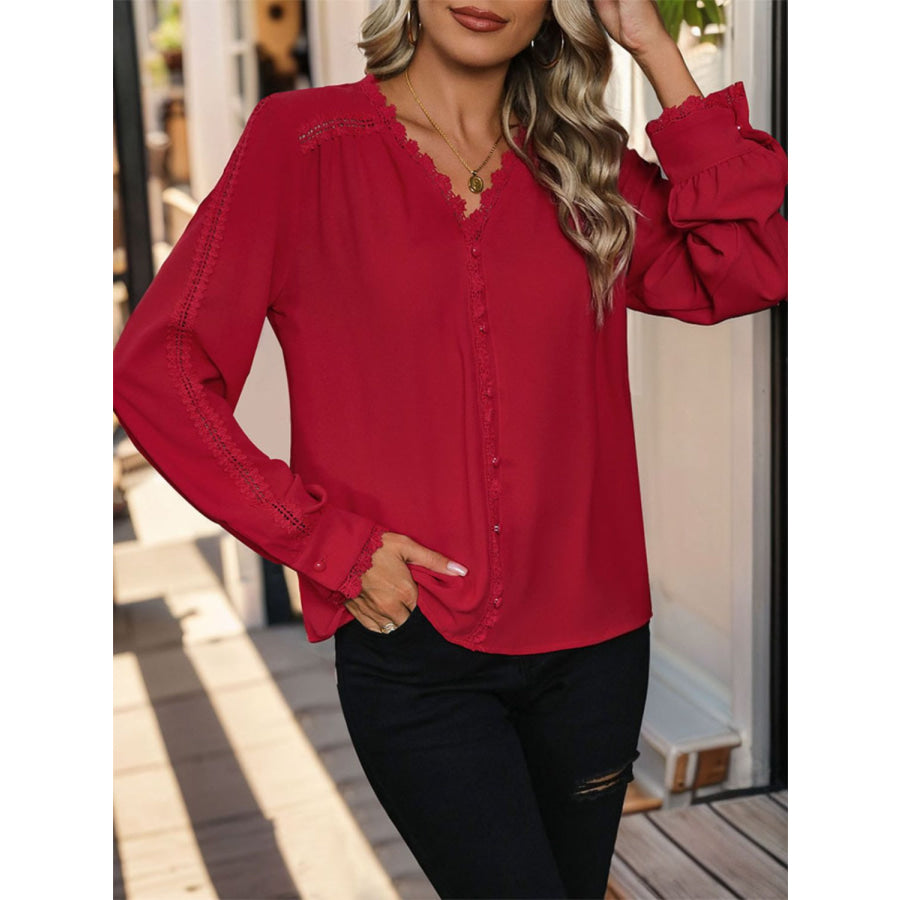 Lace Detail V-Neck Long Sleeve Blouse Deep Red / S Apparel and Accessories