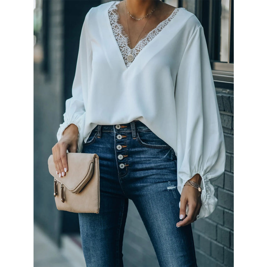 Lace Detail V-Neck Long Sleeve Blouse White / S Apparel and Accessories