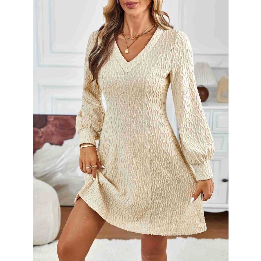 Lace Detail V-Neck Long Sleeve Dress Beige / S Apparel and Accessories