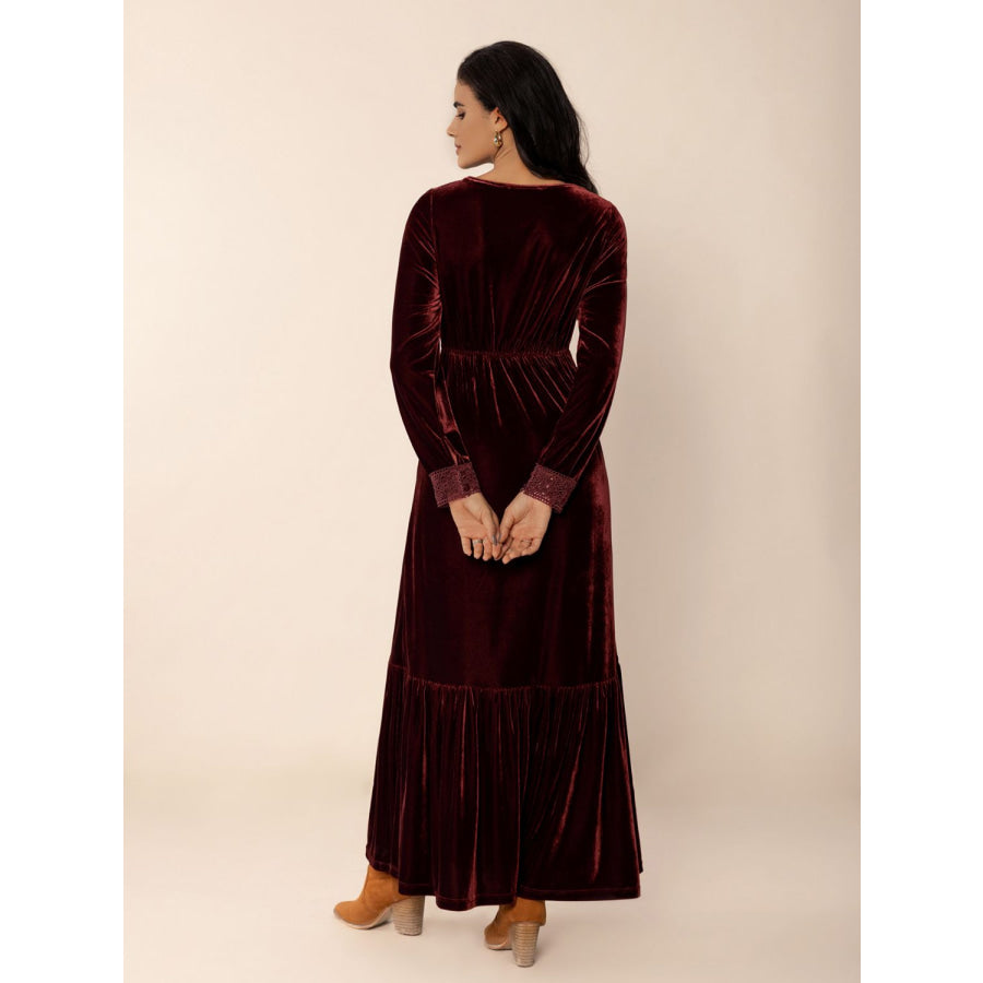 Lace Detail V-Neck Long Sleeve Dress Burgundy / S Apparel and Accessories