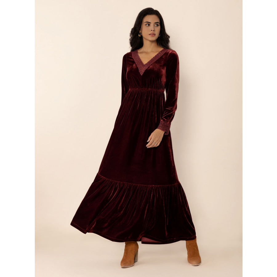 Lace Detail V-Neck Long Sleeve Dress Burgundy / S Apparel and Accessories