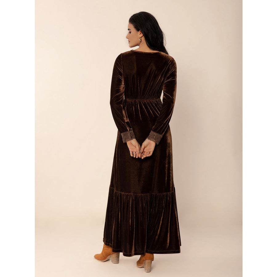 Lace Detail V-Neck Long Sleeve Maxi Dress Dark Brown / S Apparel and Accessories