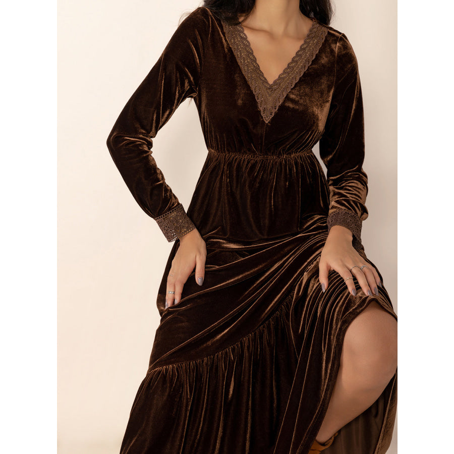 Lace Detail V-Neck Long Sleeve Maxi Dress Apparel and Accessories