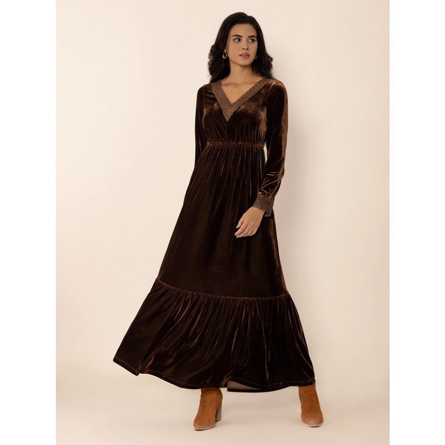 Lace Detail V-Neck Long Sleeve Maxi Dress Dark Brown / S Apparel and Accessories