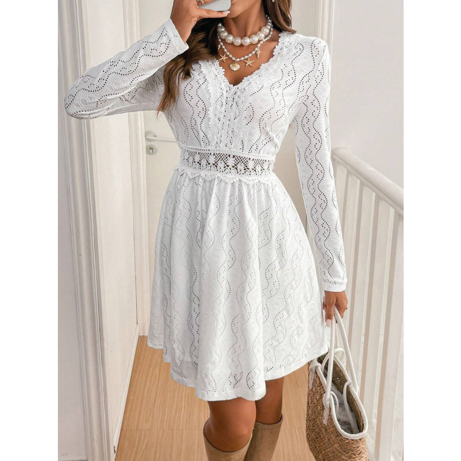 Lace Detail V Neck Long Sleeve Mini Dress White / S Apparel and Accessories