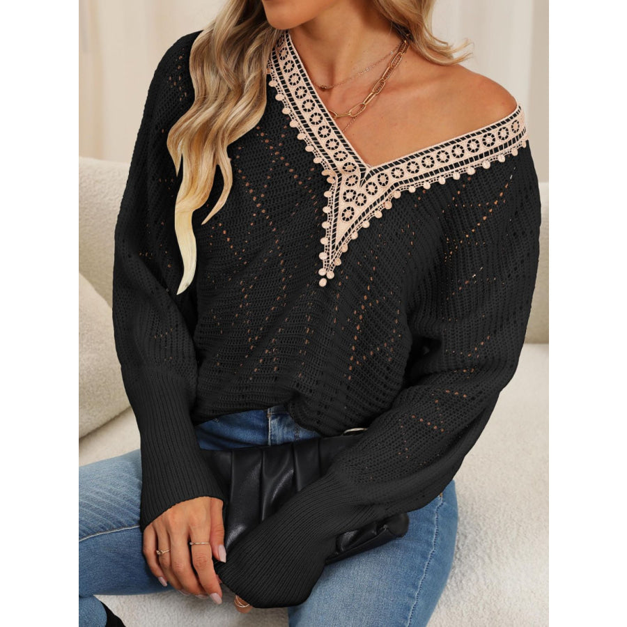 Lace Detail V-Neck Long Sleeve Sweater Apparel and Accessories