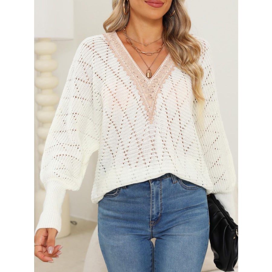 Lace Detail V-Neck Long Sleeve Sweater Apparel and Accessories