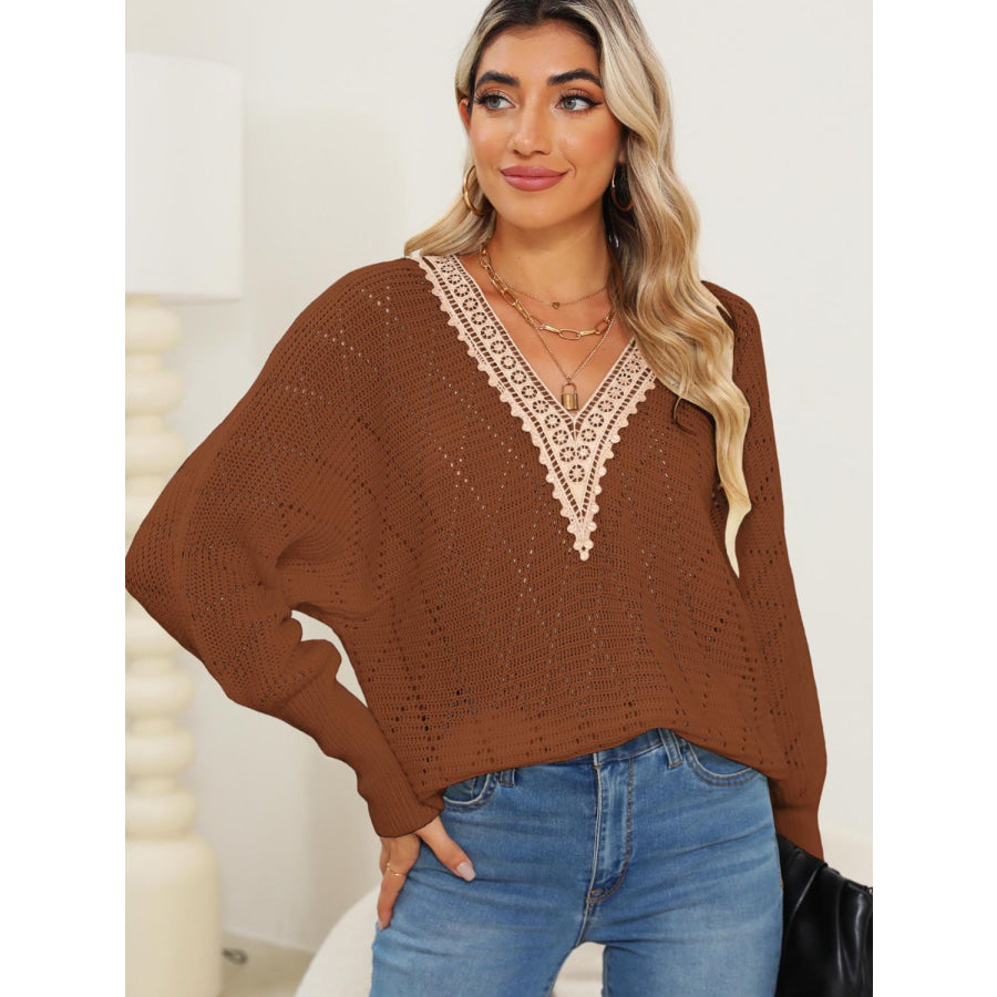 Lace Detail V-Neck Long Sleeve Sweater Apparel and Accessories