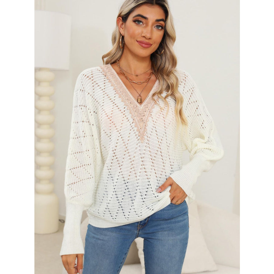 Lace Detail V-Neck Long Sleeve Sweater Apparel and Accessories