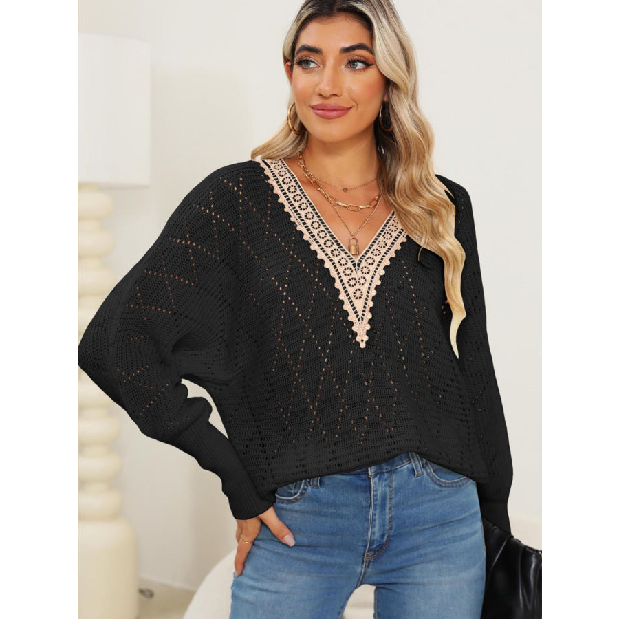 Lace Detail V-Neck Long Sleeve Sweater Black / S Apparel and Accessories