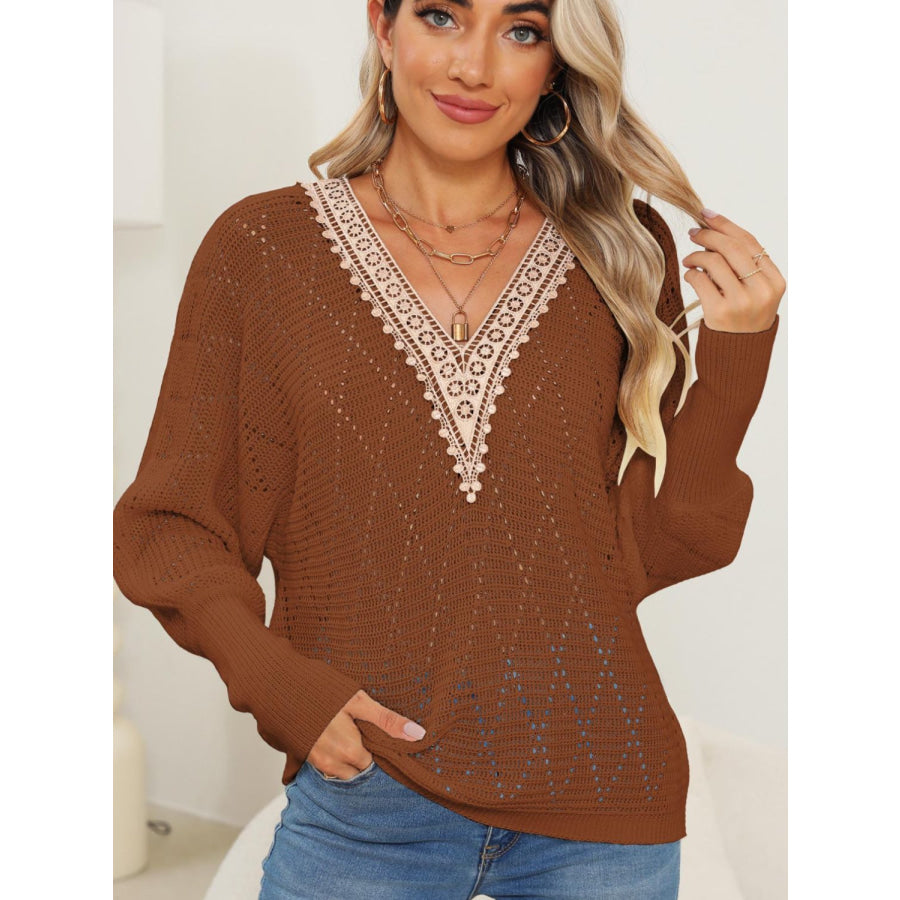 Lace Detail V-Neck Long Sleeve Sweater Brown / S Apparel and Accessories