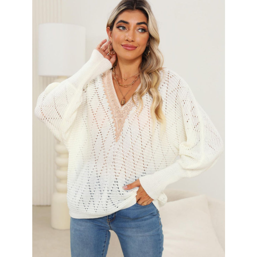 Lace Detail V-Neck Long Sleeve Sweater White / S Apparel and Accessories