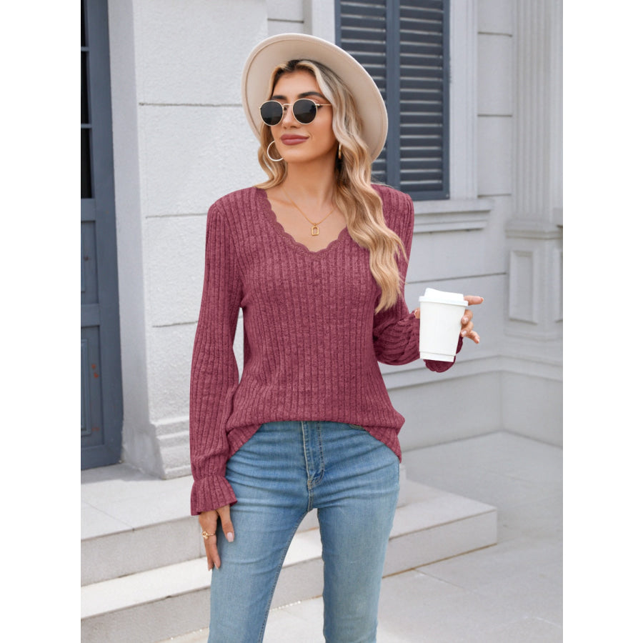 Lace Detail V-Neck Long Sleeve T-Shirt Apparel and Accessories