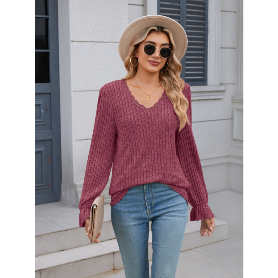 Lace Detail V-Neck Long Sleeve T-Shirt Apparel and Accessories