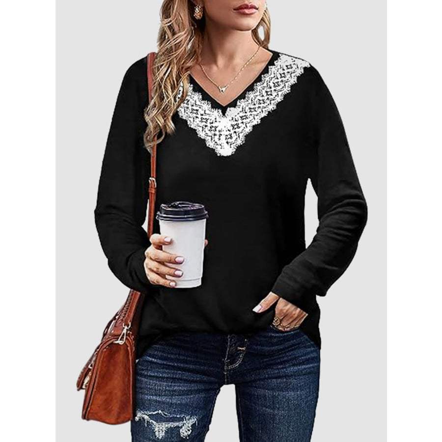 Lace Detail V-Neck Long Sleeve T-Shirt Apparel and Accessories