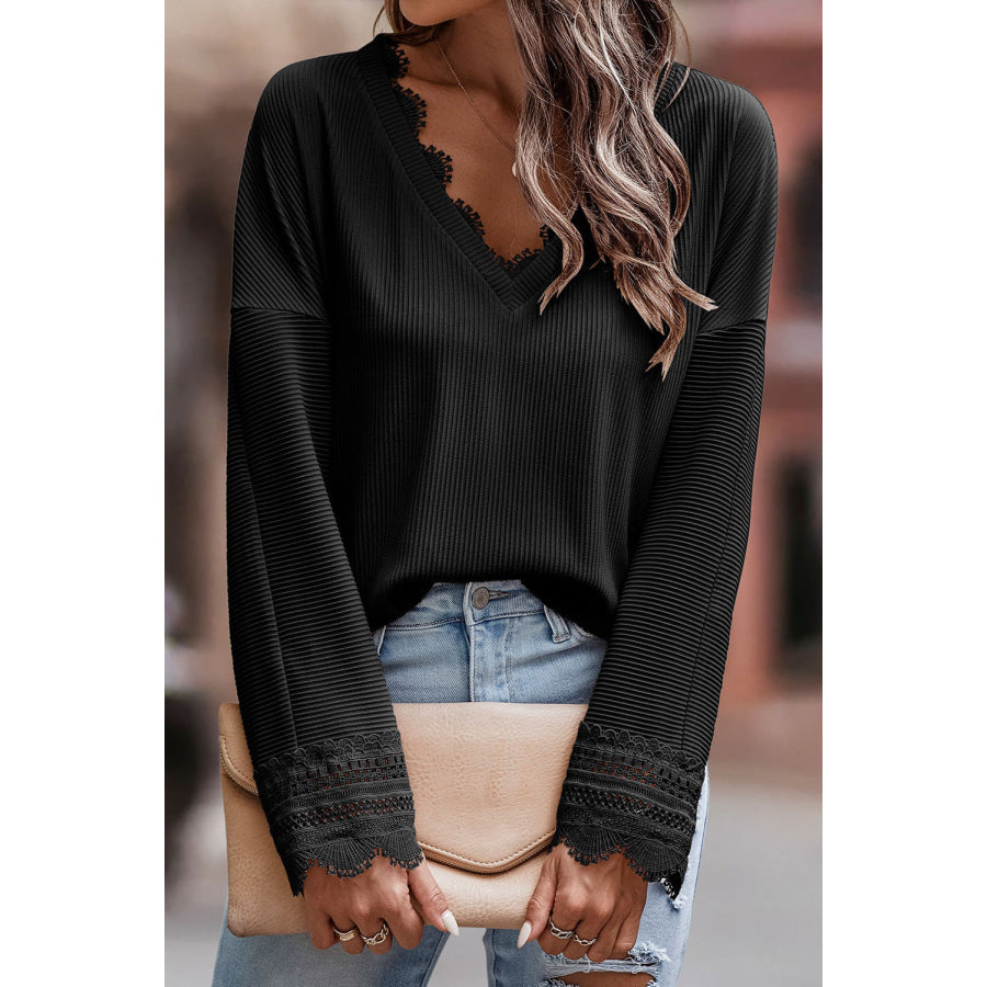 Lace Detail V-Neck Long Sleeve T-Shirt Apparel and Accessories