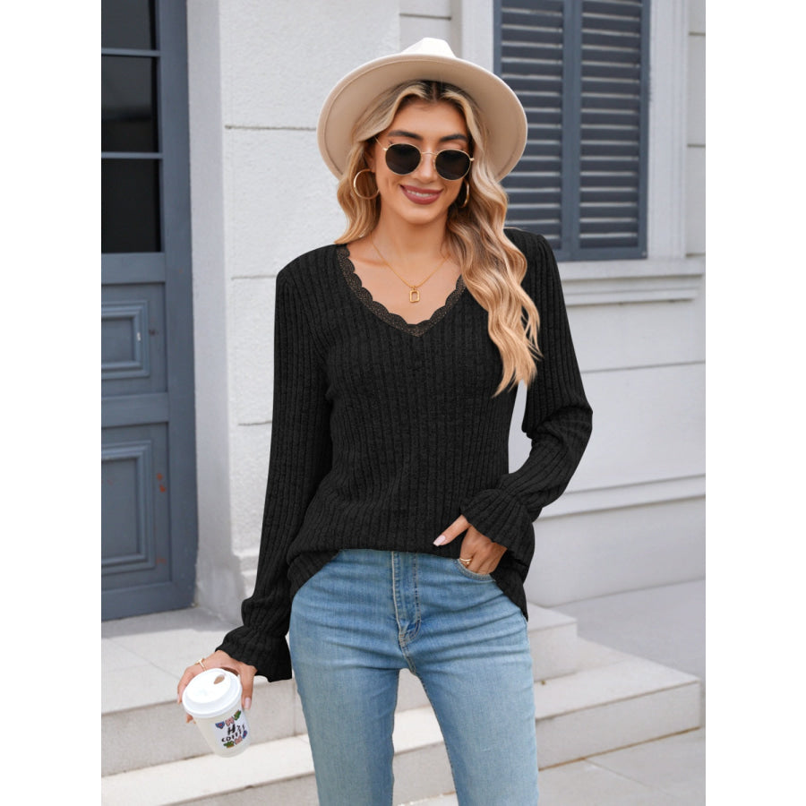 Lace Detail V-Neck Long Sleeve T-Shirt Apparel and Accessories