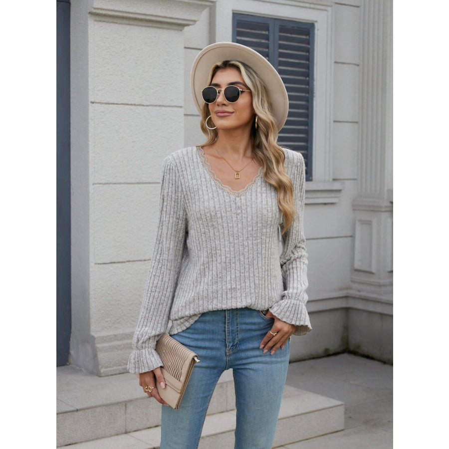 Lace Detail V-Neck Long Sleeve T-Shirt Apparel and Accessories