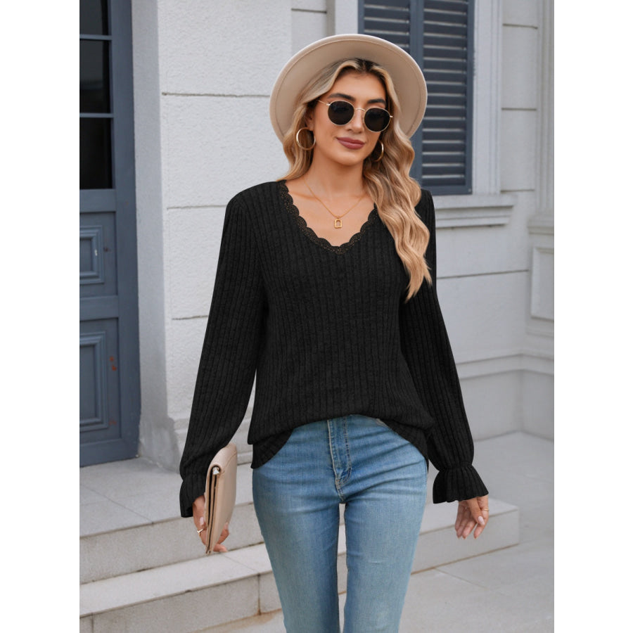 Lace Detail V-Neck Long Sleeve T-Shirt Apparel and Accessories