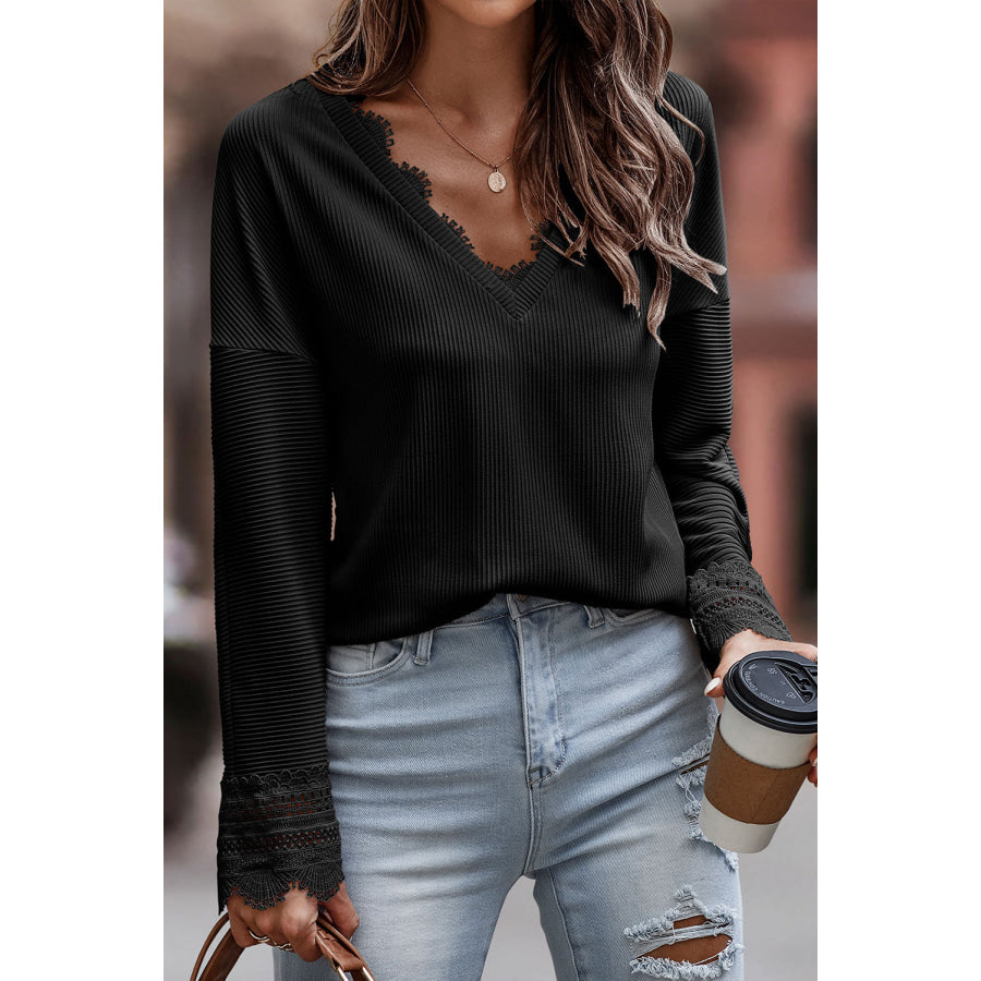 Lace Detail V-Neck Long Sleeve T-Shirt Apparel and Accessories