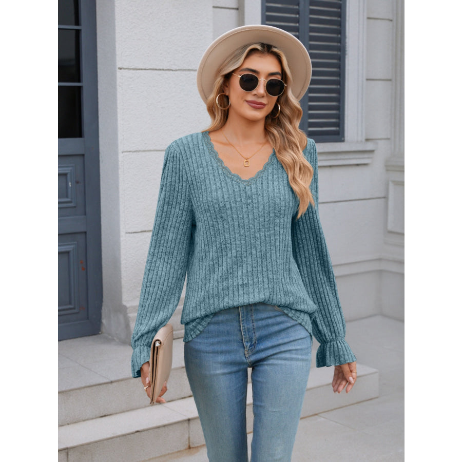 Lace Detail V-Neck Long Sleeve T-Shirt Apparel and Accessories