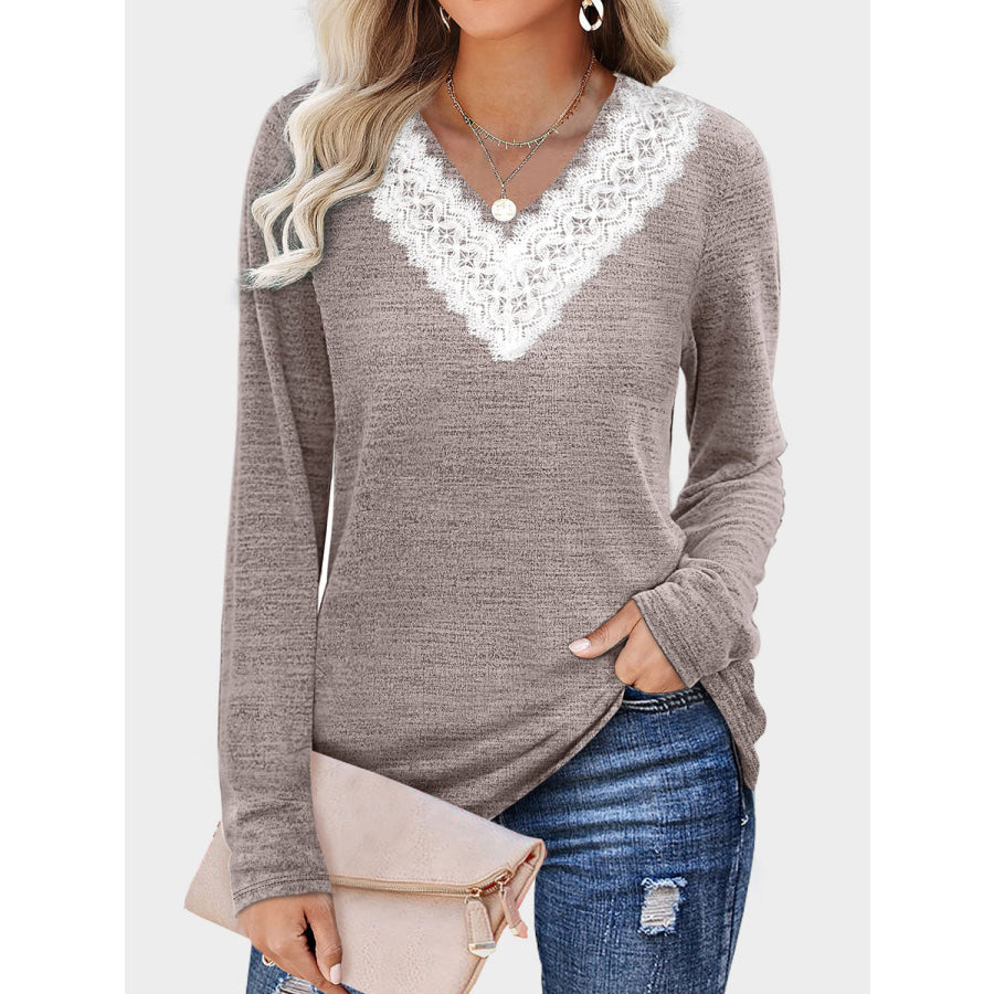 Lace Detail V-Neck Long Sleeve T-Shirt Apparel and Accessories