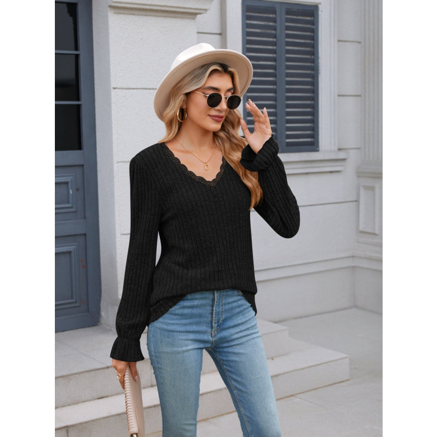 Lace Detail V-Neck Long Sleeve T-Shirt Apparel and Accessories