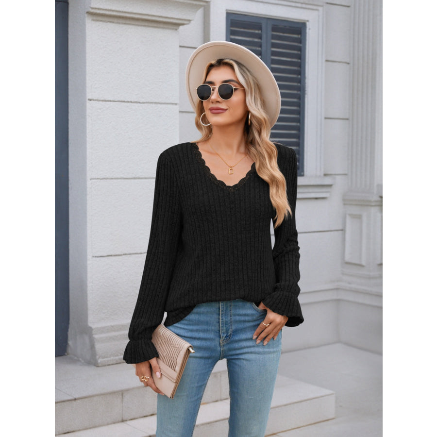 Lace Detail V-Neck Long Sleeve T-Shirt Apparel and Accessories