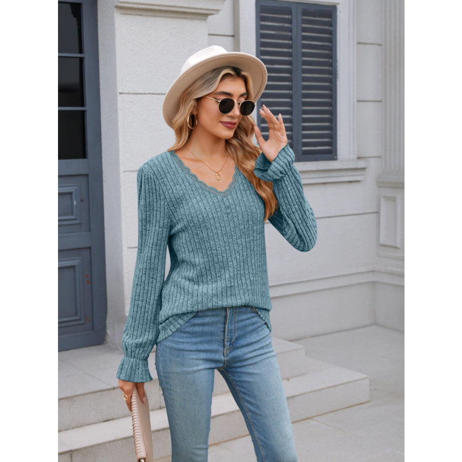 Lace Detail V-Neck Long Sleeve T-Shirt Apparel and Accessories