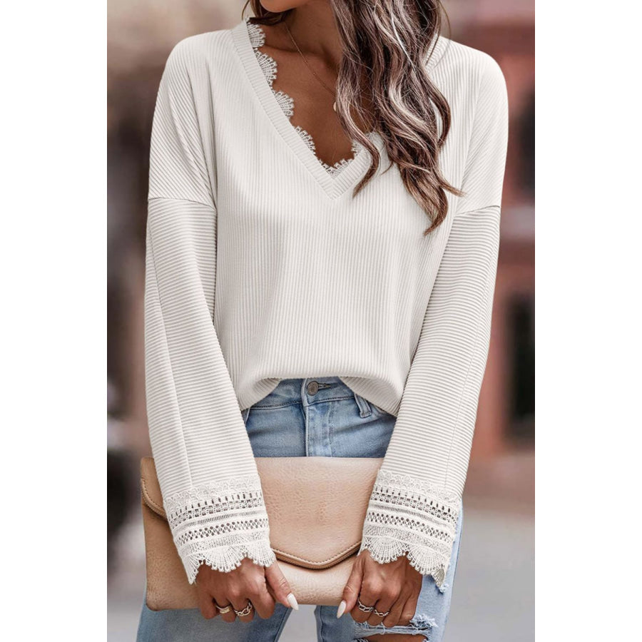 Lace Detail V-Neck Long Sleeve T-Shirt White / S Apparel and Accessories