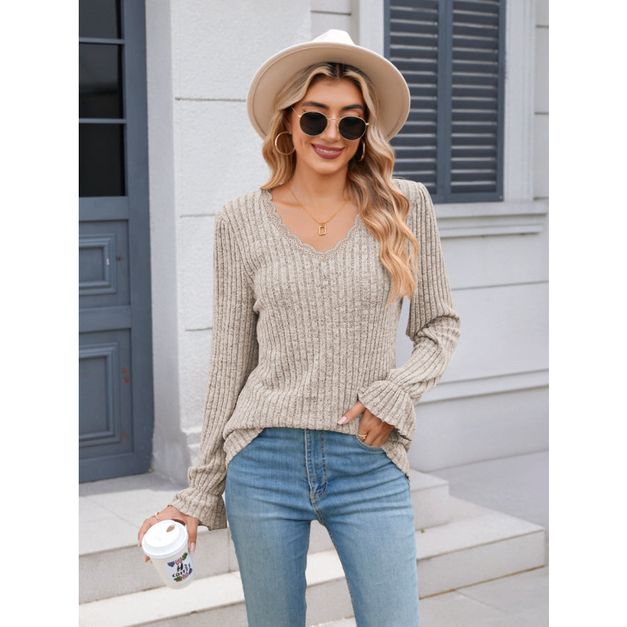 Lace Detail V-Neck Long Sleeve T-Shirt Apparel and Accessories