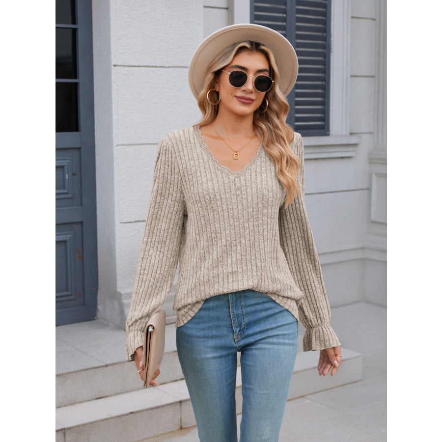 Lace Detail V-Neck Long Sleeve T-Shirt Apparel and Accessories