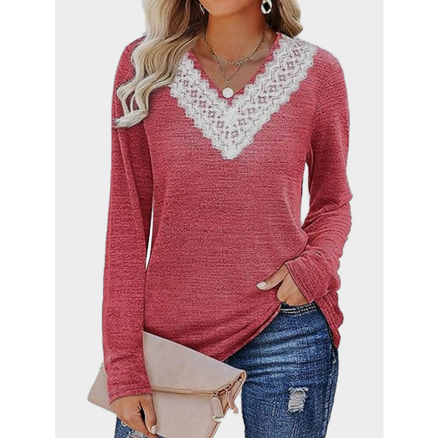 Lace Detail V-Neck Long Sleeve T-Shirt Apparel and Accessories