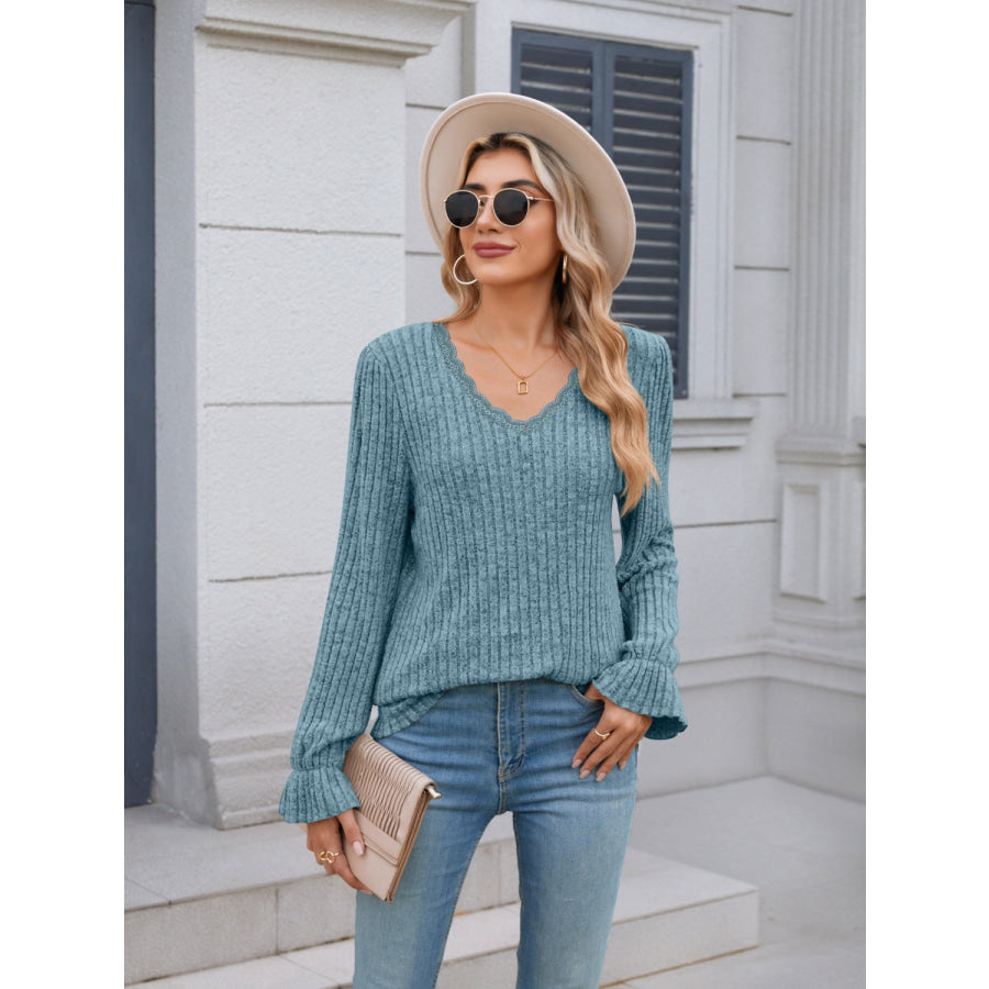 Lace Detail V-Neck Long Sleeve T-Shirt Apparel and Accessories