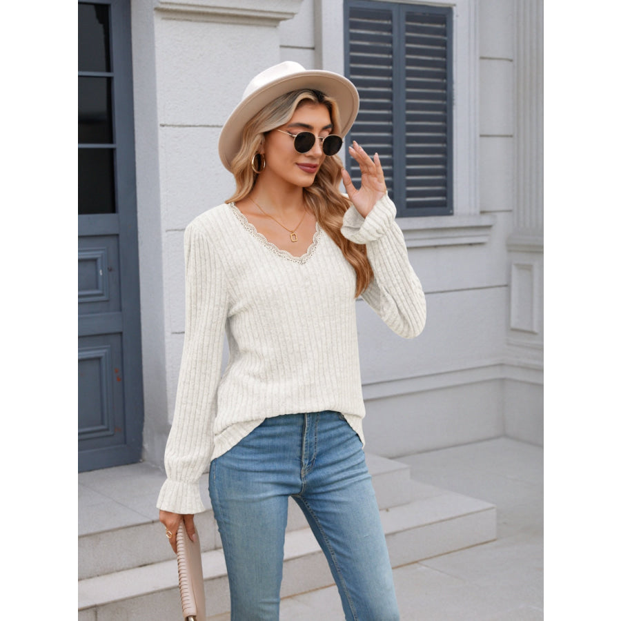 Lace Detail V-Neck Long Sleeve T-Shirt Apparel and Accessories