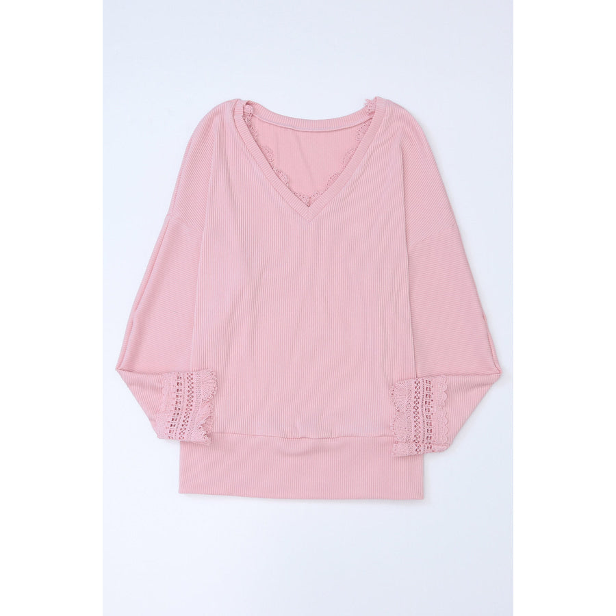 Lace Detail V-Neck Long Sleeve T-Shirt Apparel and Accessories