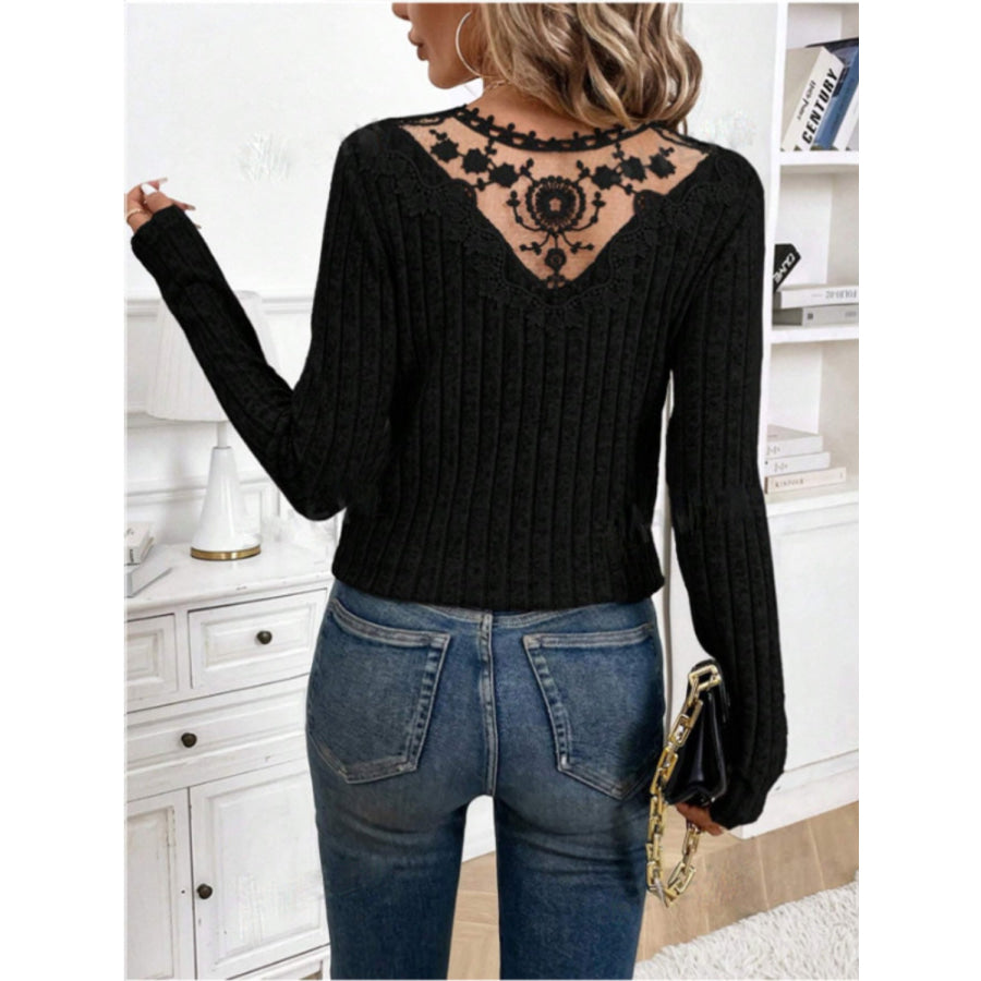 Lace Detail V-Neck Long Sleeve T-Shirt Apparel and Accessories