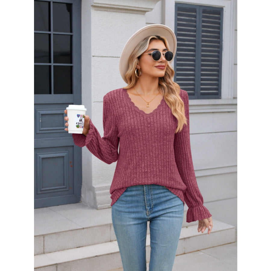 Lace Detail V-Neck Long Sleeve T-Shirt Apparel and Accessories