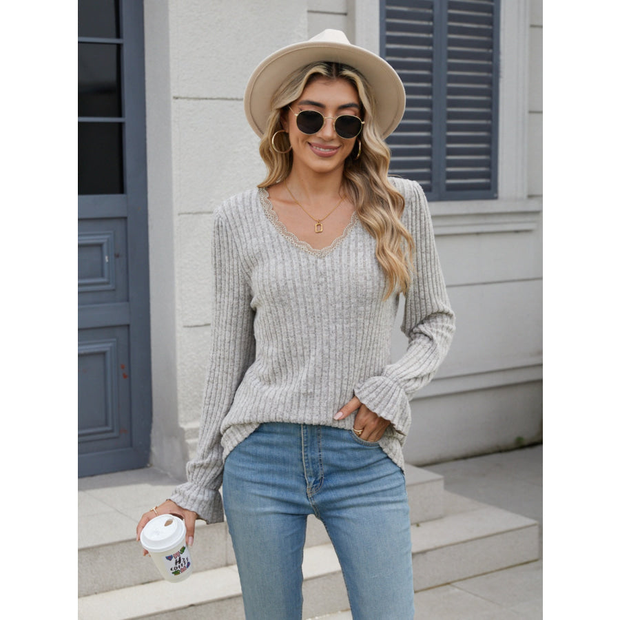 Lace Detail V-Neck Long Sleeve T-Shirt Apparel and Accessories