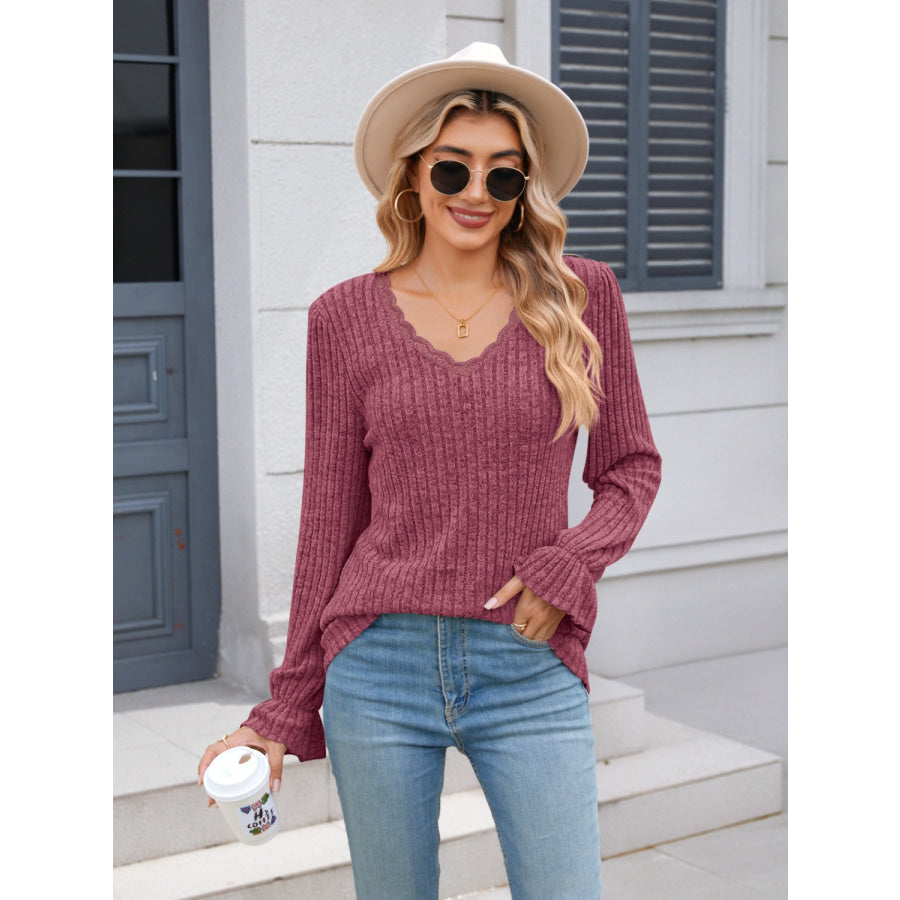 Lace Detail V-Neck Long Sleeve T-Shirt Apparel and Accessories