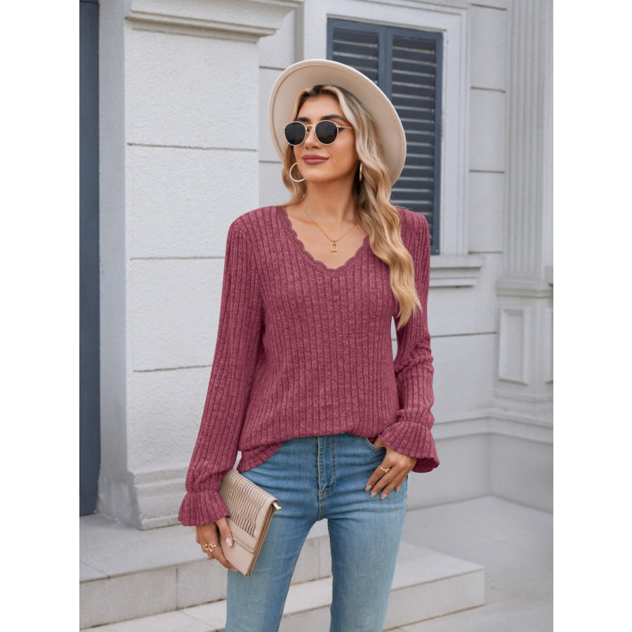 Lace Detail V-Neck Long Sleeve T-Shirt Apparel and Accessories