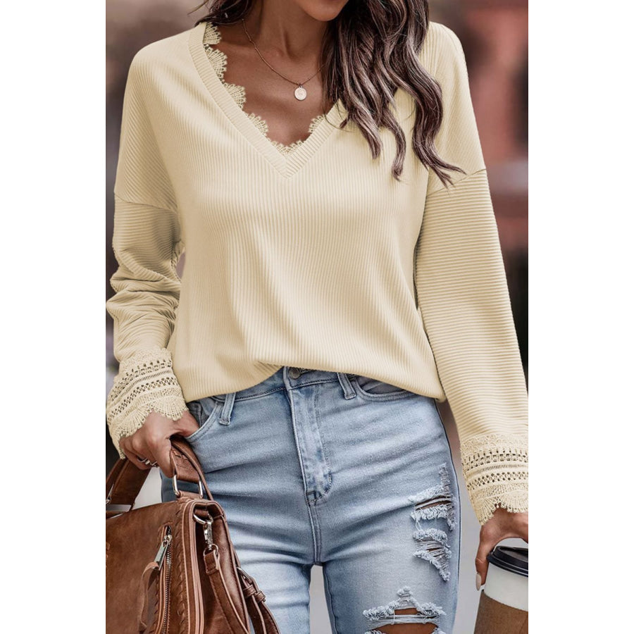 Lace Detail V-Neck Long Sleeve T-Shirt Beige / S Apparel and Accessories