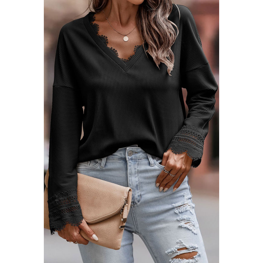 Lace Detail V-Neck Long Sleeve T-Shirt Black / S Apparel and Accessories