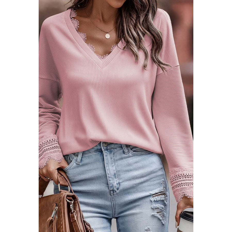 Lace Detail V-Neck Long Sleeve T-Shirt Blush Pink / S Apparel and Accessories