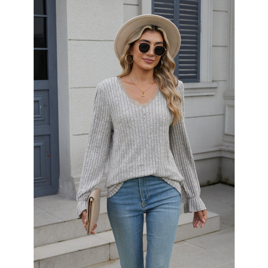 Lace Detail V-Neck Long Sleeve T-Shirt Gray / S Apparel and Accessories