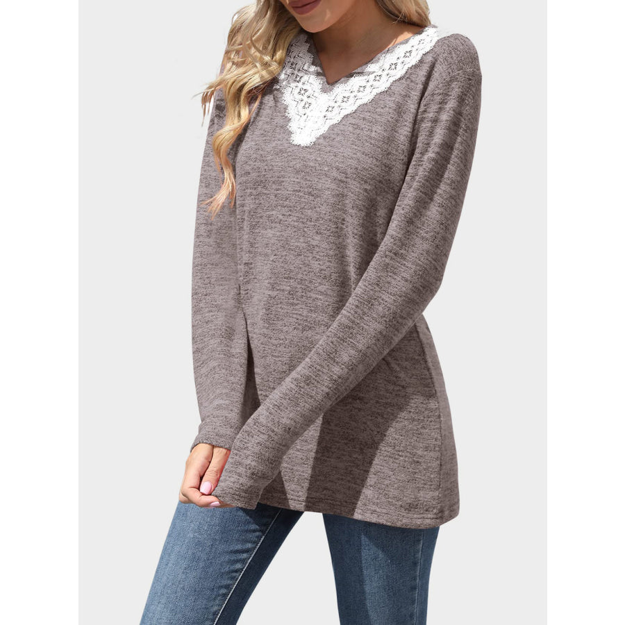 Lace Detail V-Neck Long Sleeve T-Shirt Mocha / S Apparel and Accessories