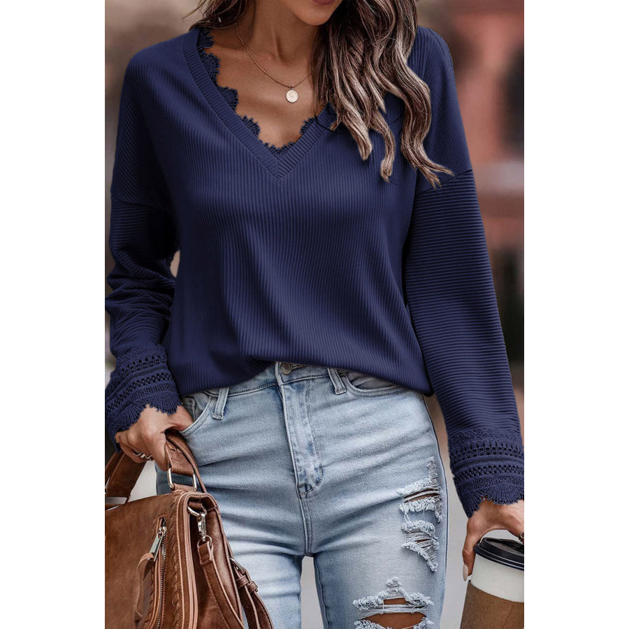 Lace Detail V-Neck Long Sleeve T-Shirt Navy / S Apparel and Accessories