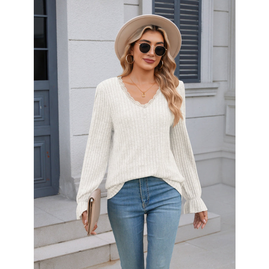 Lace Detail V-Neck Long Sleeve T-Shirt White / S Apparel and Accessories