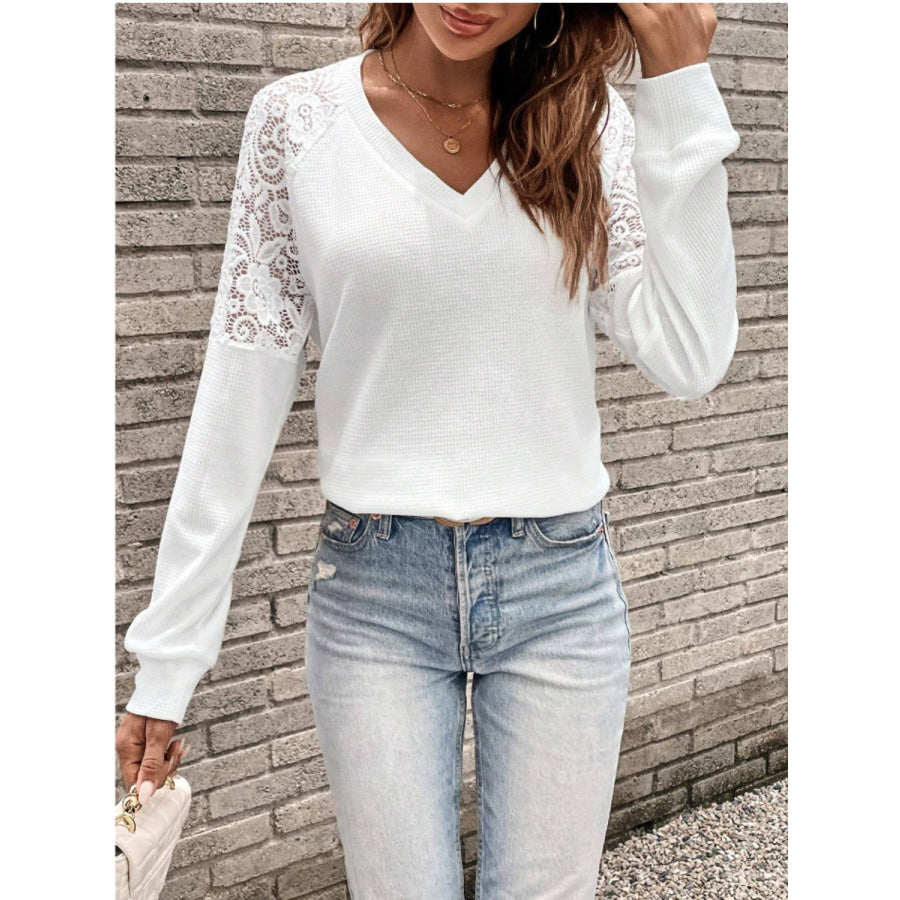 Lace Detail V-Neck Long Sleeve Top Apparel and Accessories